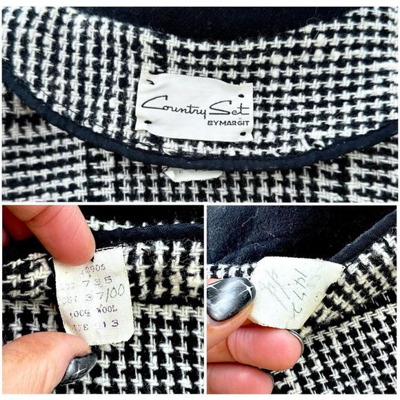 Vintage 60s Wool Houndstooth Cropped Blazer Black & White XS–S - Picture 7 of 16